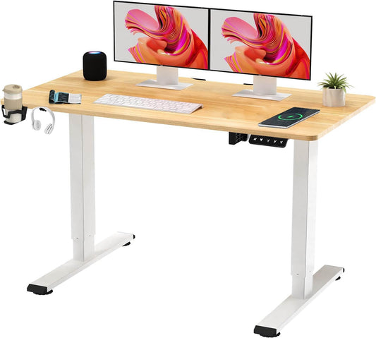 SANODESK QS+110 * 60 Electric Standing Desk ONE PIECE Height Adjustable Standing Desk Sit Stand Desk Adjustable Desk Stand Up Desk for Home Office(White Frame+ Maple Desktop)